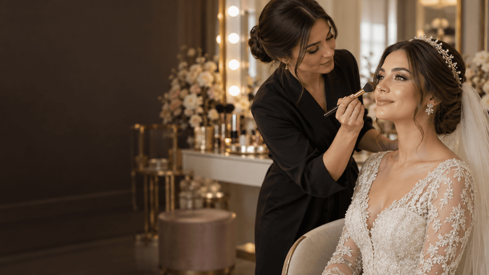Professional bridal makeup finishing touches