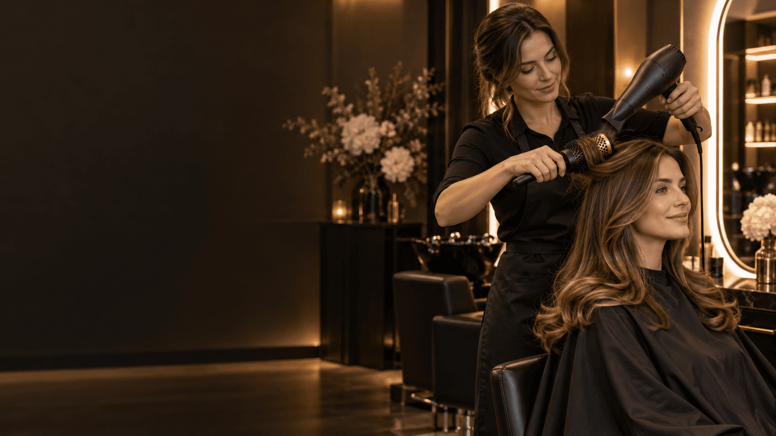 Professional blow-dry styling in a luxury salon