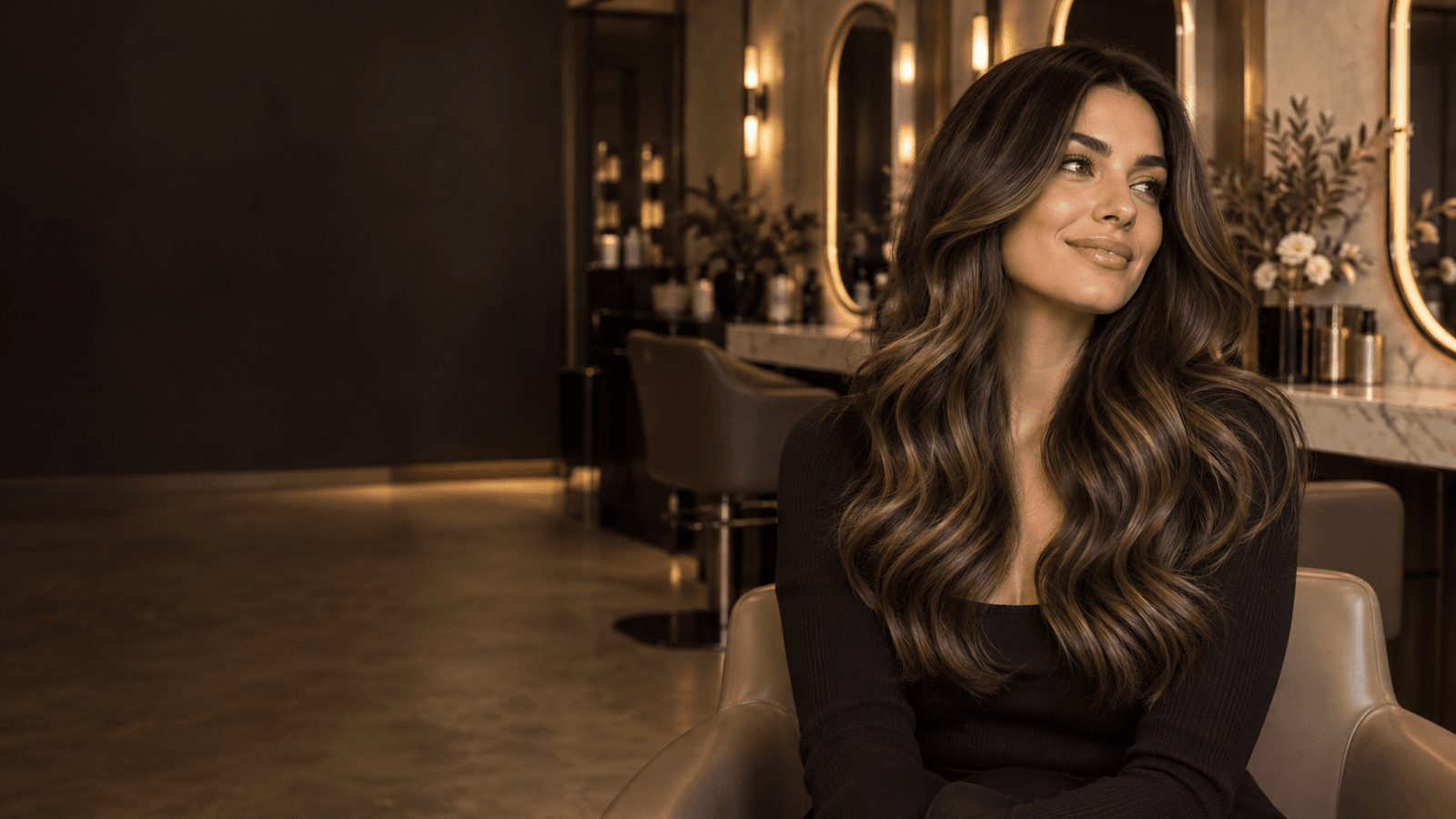 Glossy dimensional brunette colour in an elegant salon