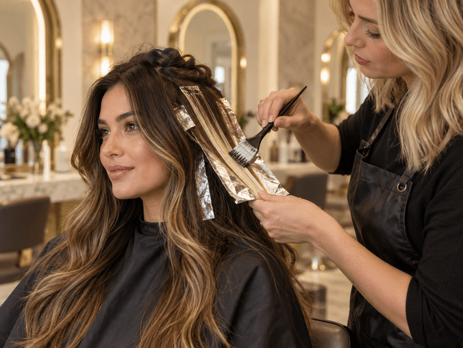 Balayage highlights being applied