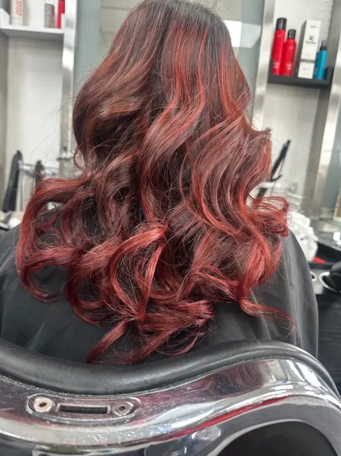 Long dark curls with dimensional ruby red highlights created at Naz Hair and Beauty